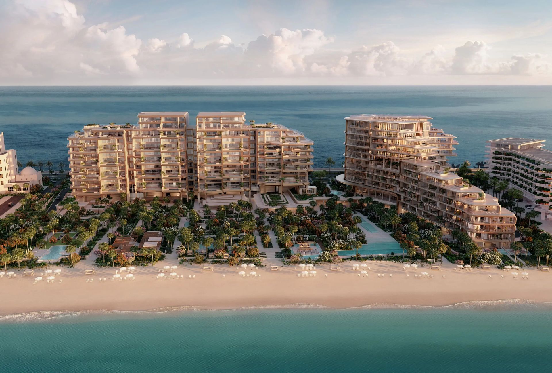 Aerial view of beachfront residences at sunrise