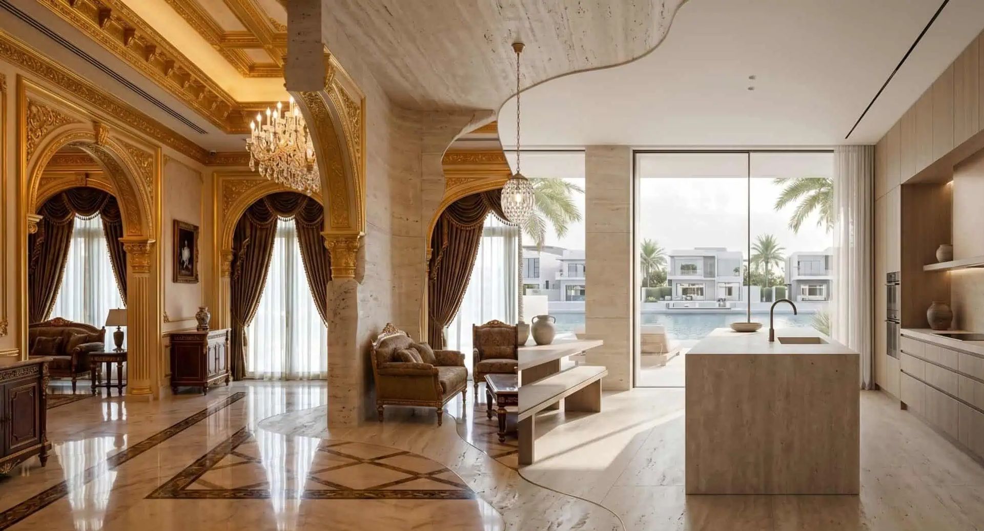 Villa interior mixing classic gold detailing with modern stone finishes