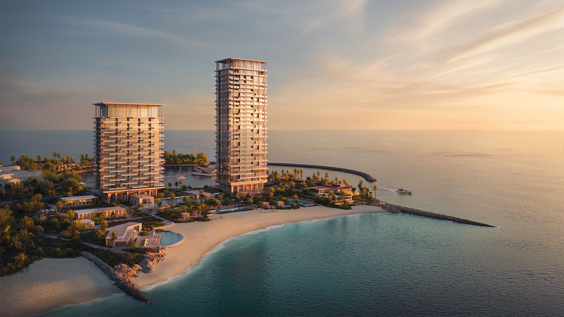 Two towers on a beach island at sunset