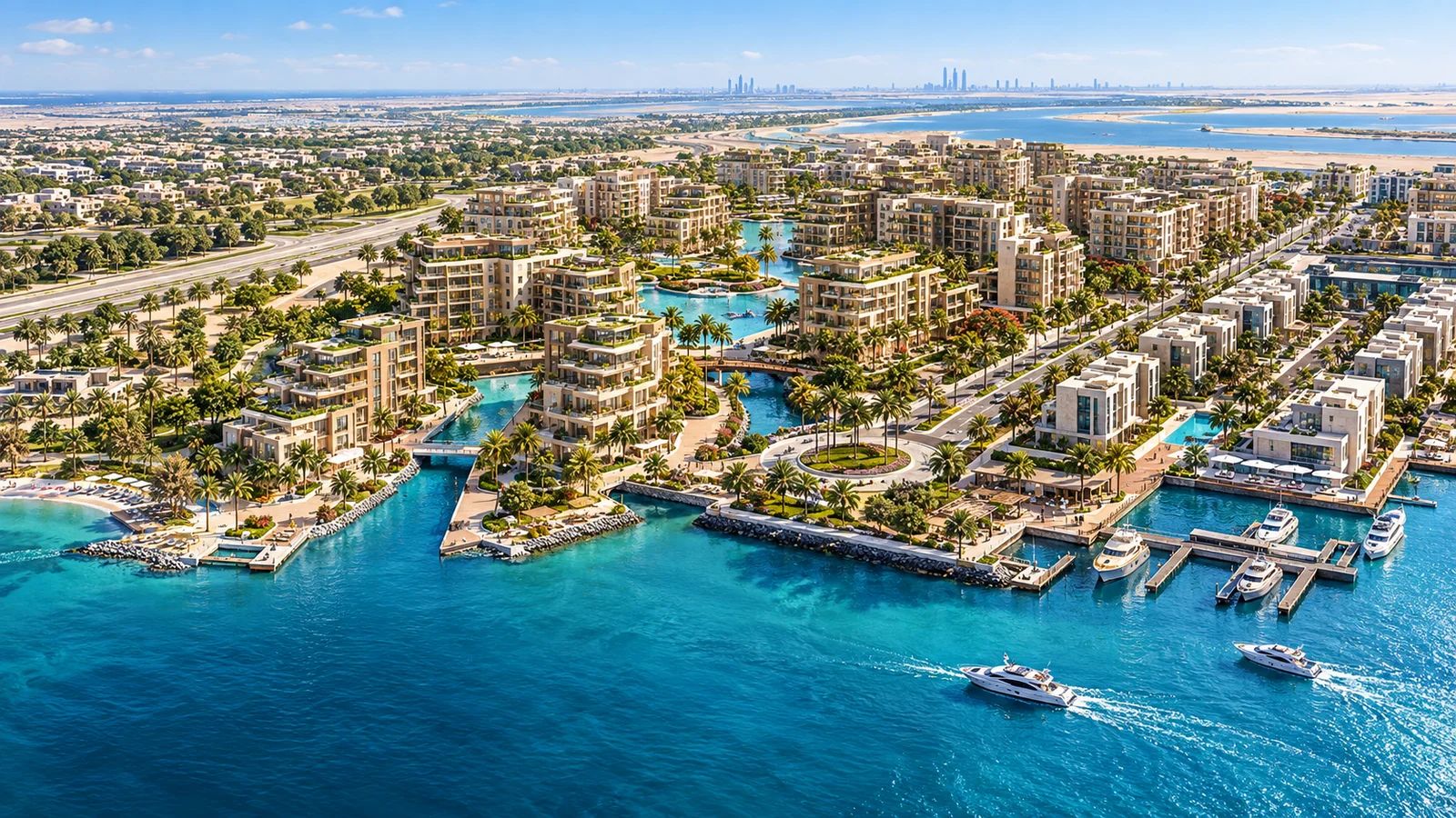 Illustration of a waterfront community with a marina